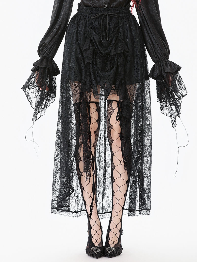 Black Gothic Retro Floral Mesh Lace High-Low Skirt