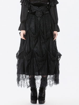 Black Vintage Gothic Embroidered Layered High-Waist Long Skirt