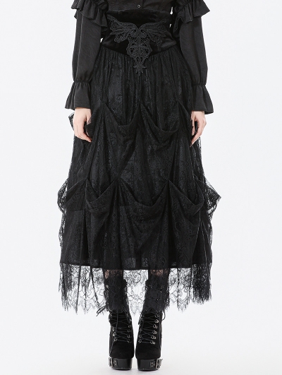Black Vintage Gothic Embroidered Layered High-Waist Long Skirt