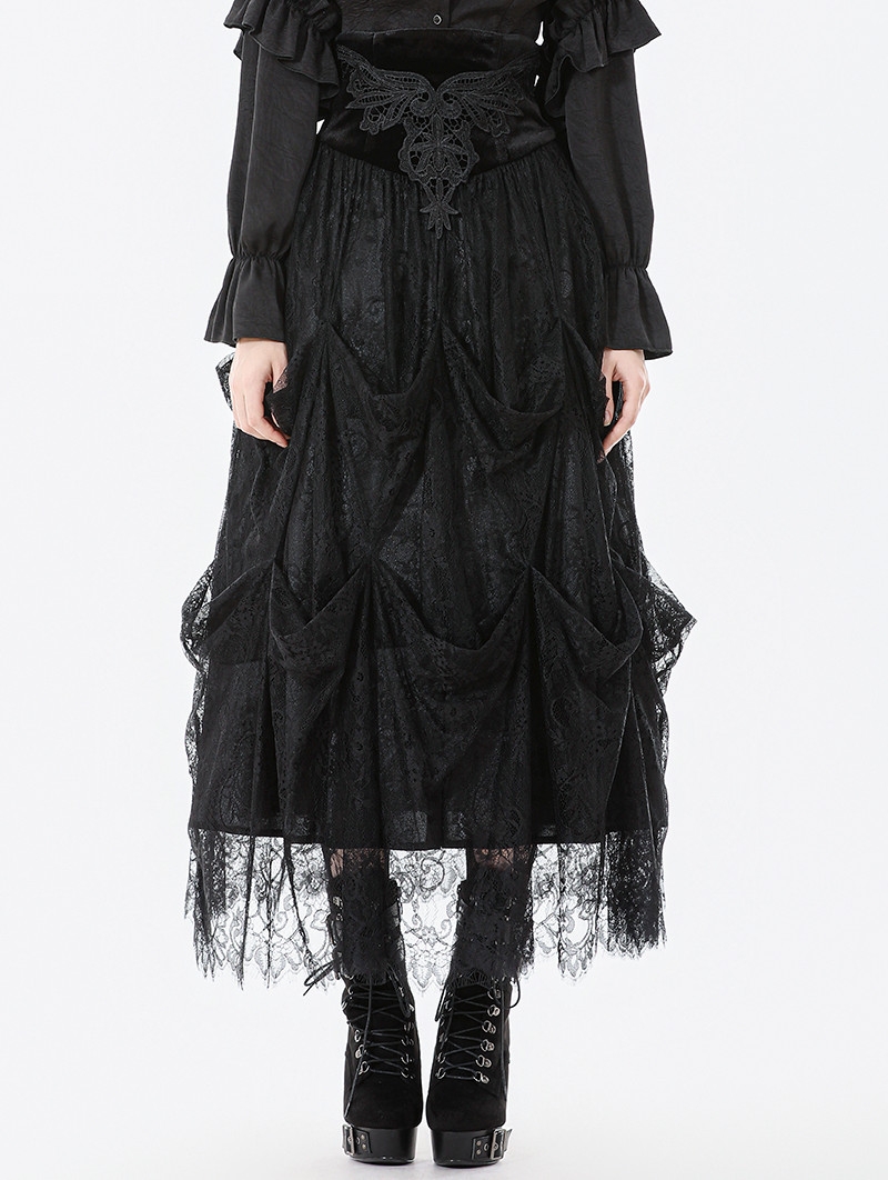 Black Vintage Gothic Embroidered Layered High-Waist Long Skirt