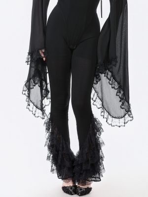 Black Gothic Multi-Layer Lace Trim Flared Leggings for Women