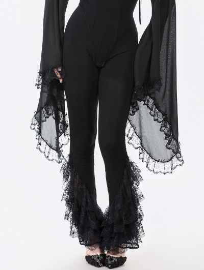 Black Gothic Multi-Layer Lace Trim Flared Leggings for Women