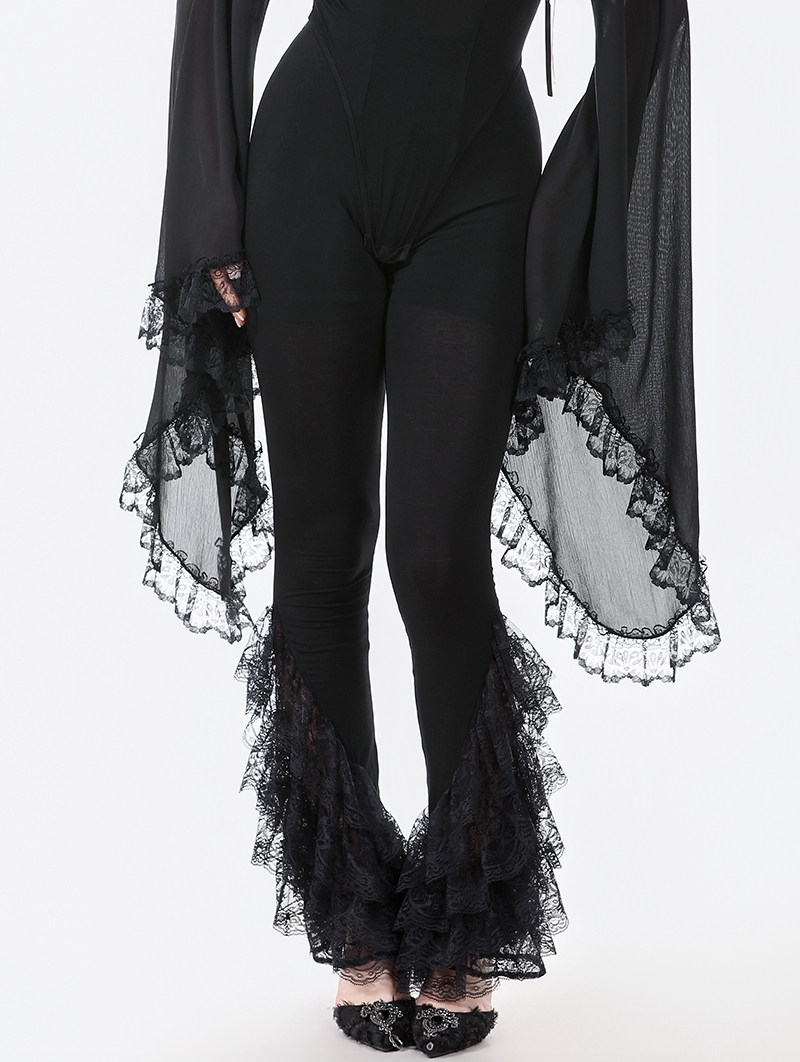 Black Gothic Multi-Layer Lace Trim Flared Leggings for Women