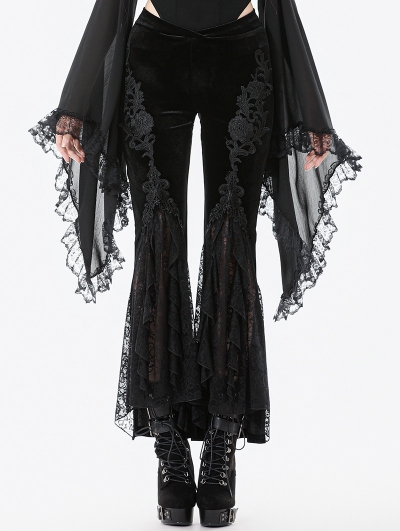 Black Retro Gothic Lace Applique Velvet Flared Pants for Women
