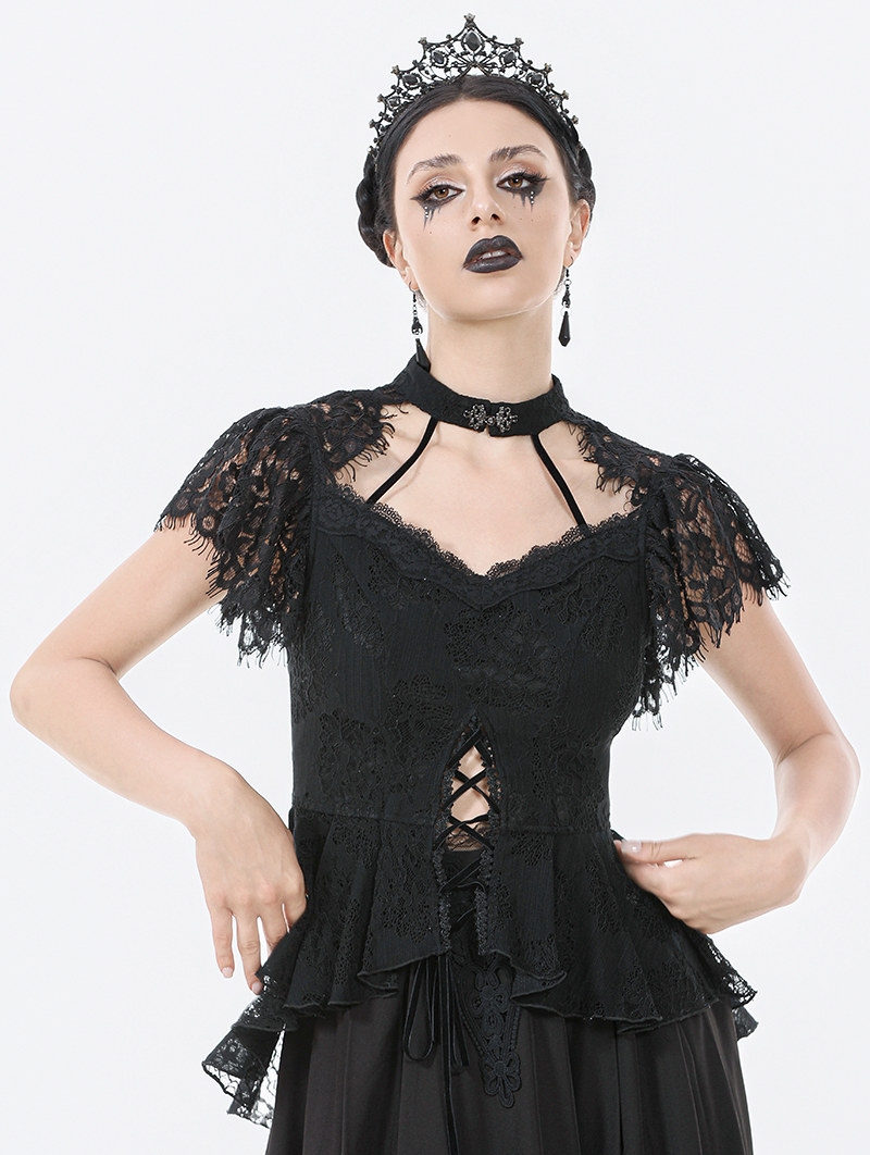 Black Gothic Hollow Out Floral Lace Top for Women