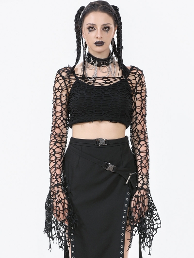 Black Gothic Punk Irregular Distressed Crop Top for Women