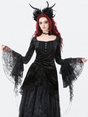 Black Gothic Retro Flared Sleeve Velvet Top for Women