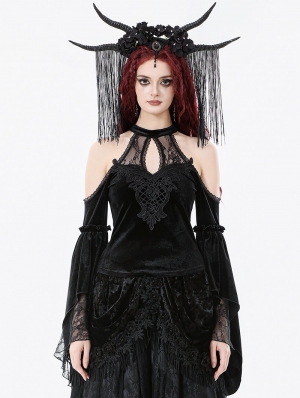 Black Gothic Retro Lace Applique Off-Shoulder Velvet Top for Women