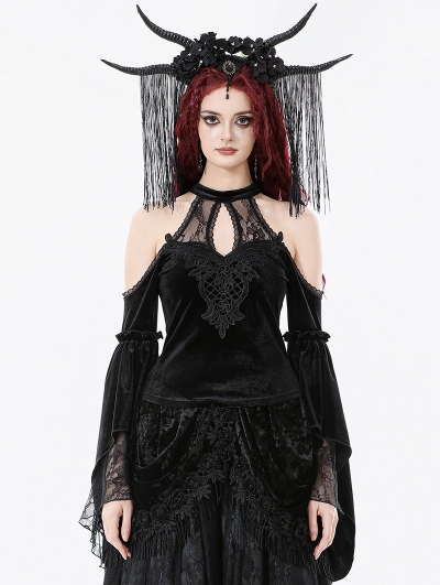 Black Gothic Retro Lace Applique Off-Shoulder Velvet Top for Women