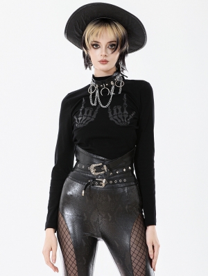 Black Gothic Punk Skeleton Hand Leather Applique T-Shirt for Women