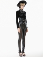 Black Gothic Punk Skeleton Hand Leather Applique T-Shirt for Women