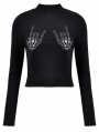 Black Gothic Punk Skeleton Hand Leather Applique T-Shirt for Women
