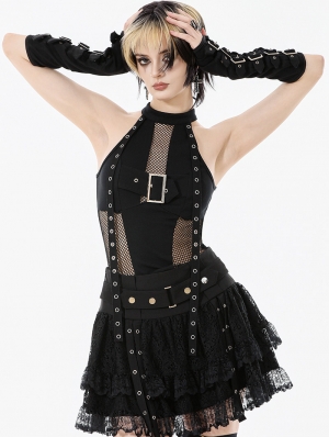 Black Gothic Punk Mesh Halter Sleeveless Top for Women