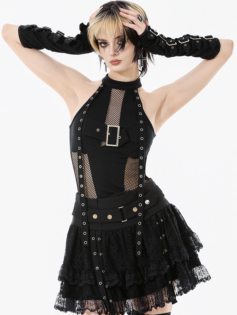 Black Gothic Punk Mesh Halter Sleeveless Top for Women