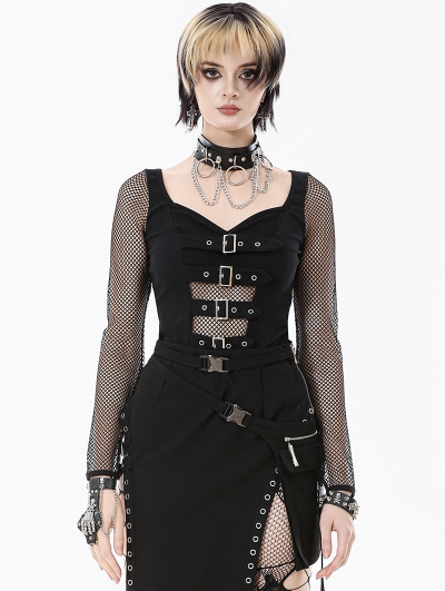 Black Gothic Punk Mesh Panel Long Sleeve T-Shirt for Women