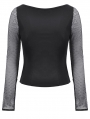 Black Gothic Punk Mesh Panel Long Sleeve T-Shirt for Women