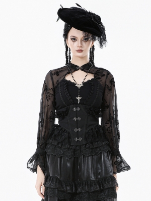 Black Gothic Butterfly Patterned Mesh Long Sleeve Top for Women