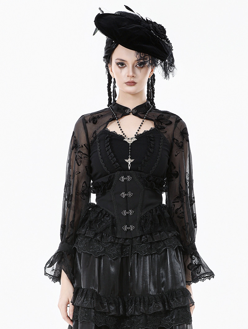 Black Gothic Butterfly Patterned Mesh Long Sleeve Top for Women