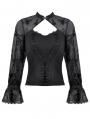 Black Gothic Butterfly Patterned Mesh Long Sleeve Top for Women