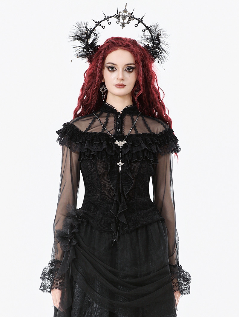 Black Gothic Retro Rose Pattern Sheer Mesh Spliced Top for Women