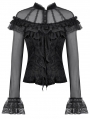 Black Gothic Retro Rose Pattern Sheer Mesh Spliced Top for Women