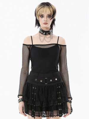 Black Gothic Versatile Off-the-Shoulder Mesh Top for Women