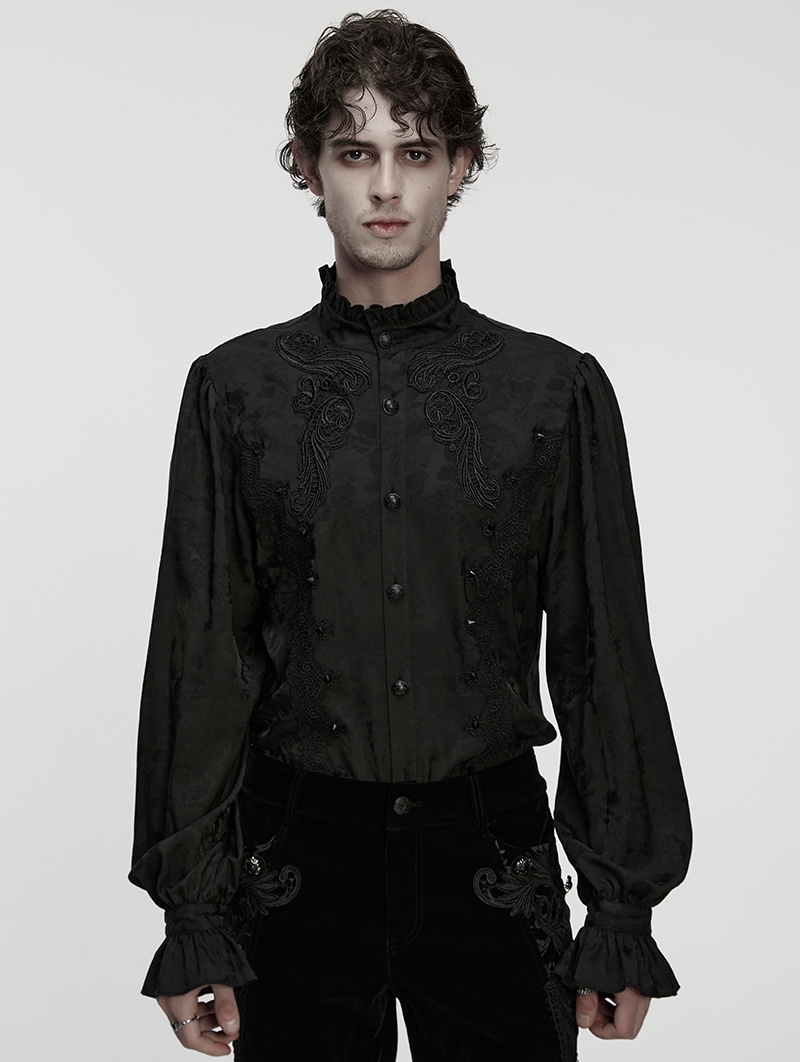 Black Vintage Gothic Embroidery Pattern Shirt for Men