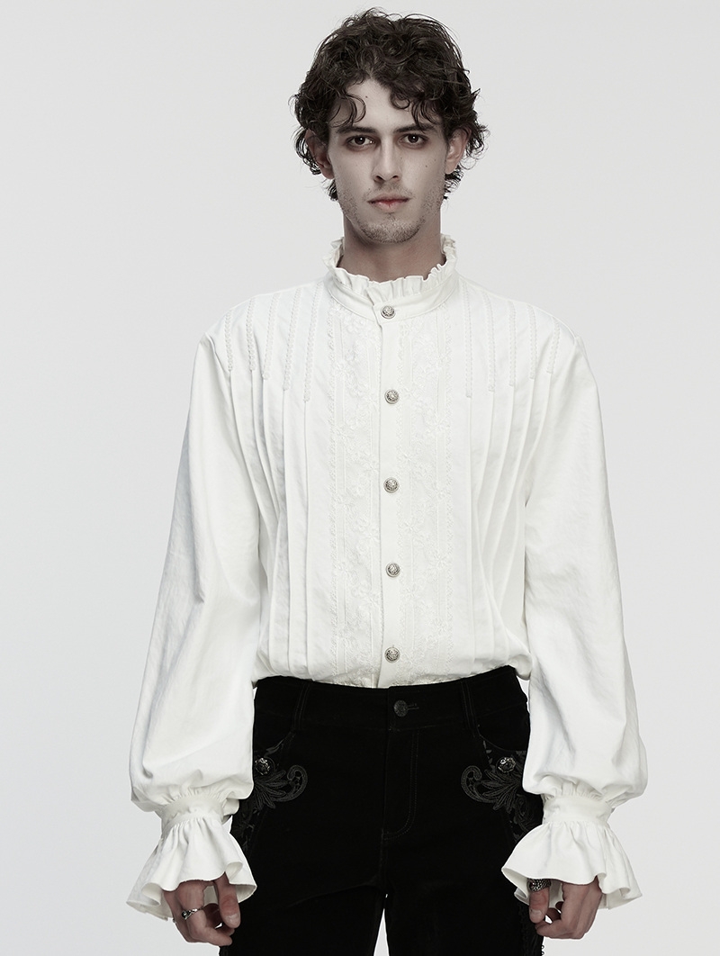 White Gothic 3D Pleated Lace Embroidered Shirt for Men