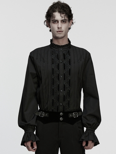 Black Gothic 3D Pleated Lace Embroidered Shirt for Men