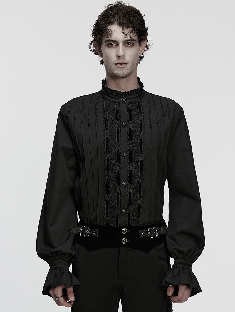 Black Gothic 3D Pleated Lace Embroidered Shirt for Men