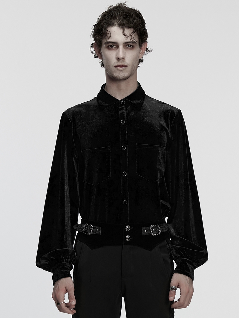 Black Daily Gothic Velvet Button Up Shirt for Men