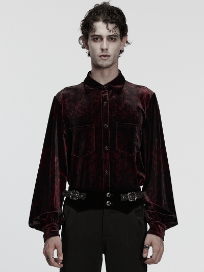 Red Daily Gothic Velvet Button Up Shirt for Men