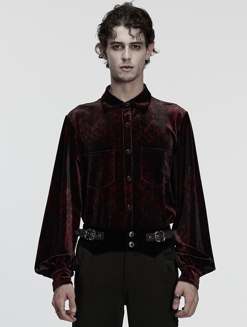 Red Daily Gothic Velvet Button Up Shirt for Men