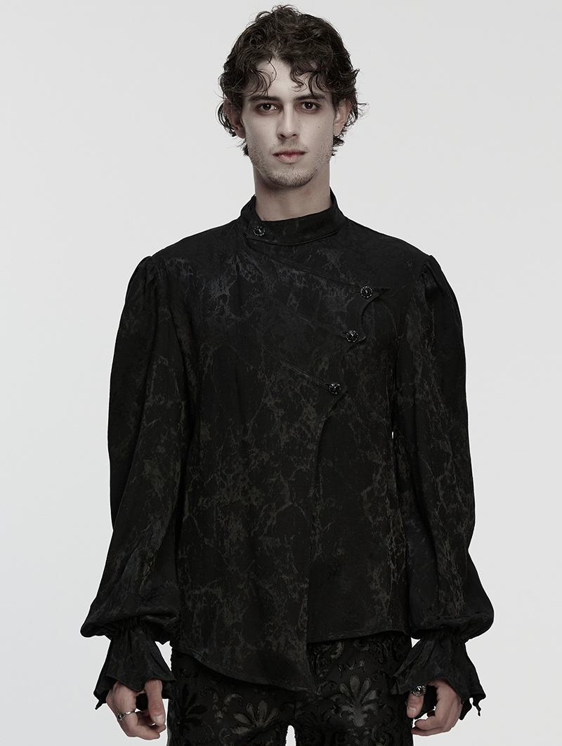 Black Gothic Textured Irregular Placket Shirt for Men