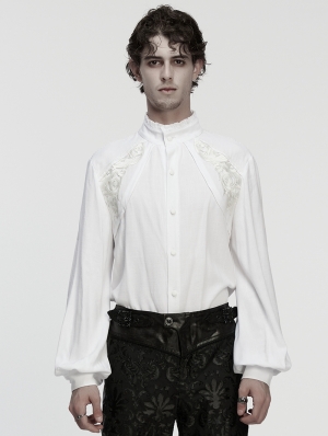 White Retro Gothic Lace Applique Lantern Sleeves Shirt for Men