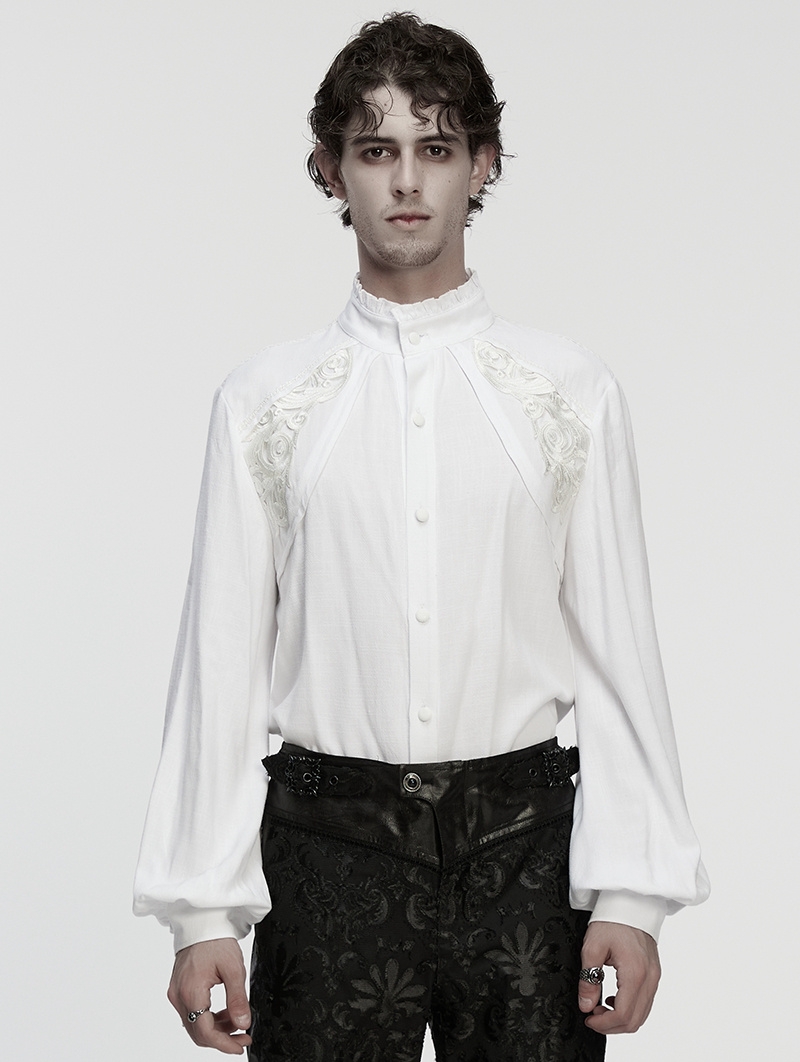 White Retro Gothic Lace Applique Lantern Sleeves Shirt for Men