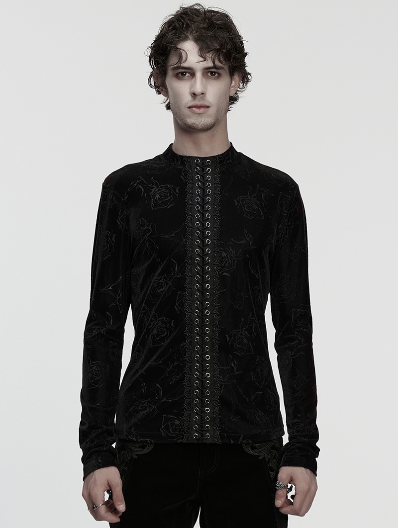 Black Gothic Rose Embossed Lace-Up T-Shirt for Men