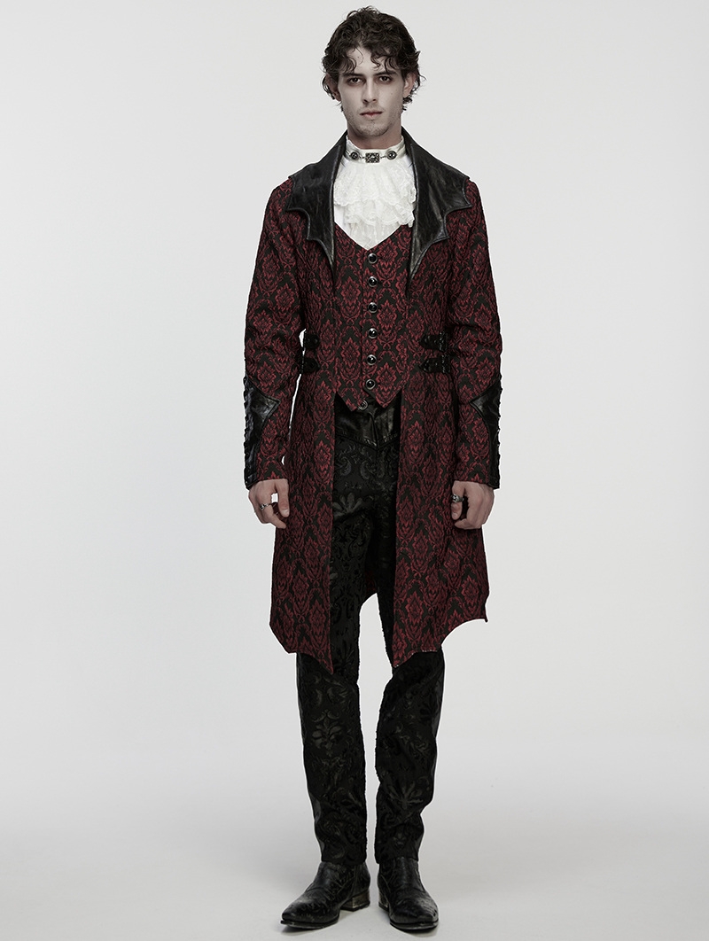 Red Gothic Palace Jacquard Bat Lapel Collar Tail Coat for Men