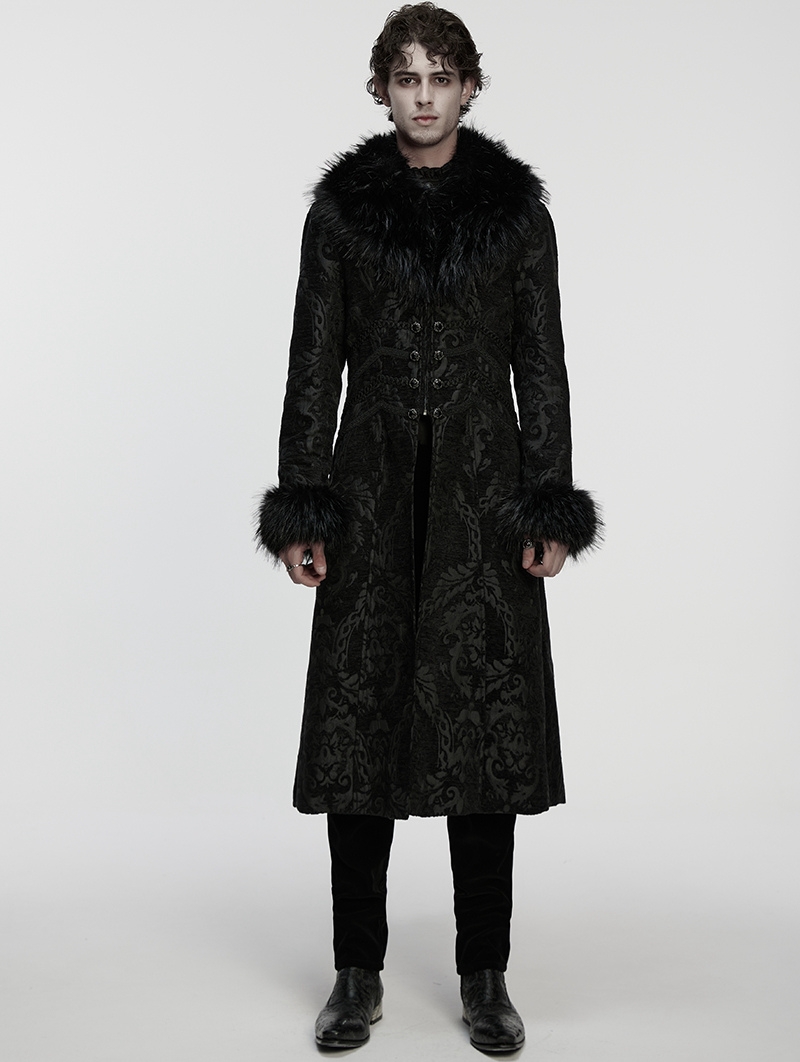 Black Gorgeous Jacquard Gothic Fur Collar Coat for Men