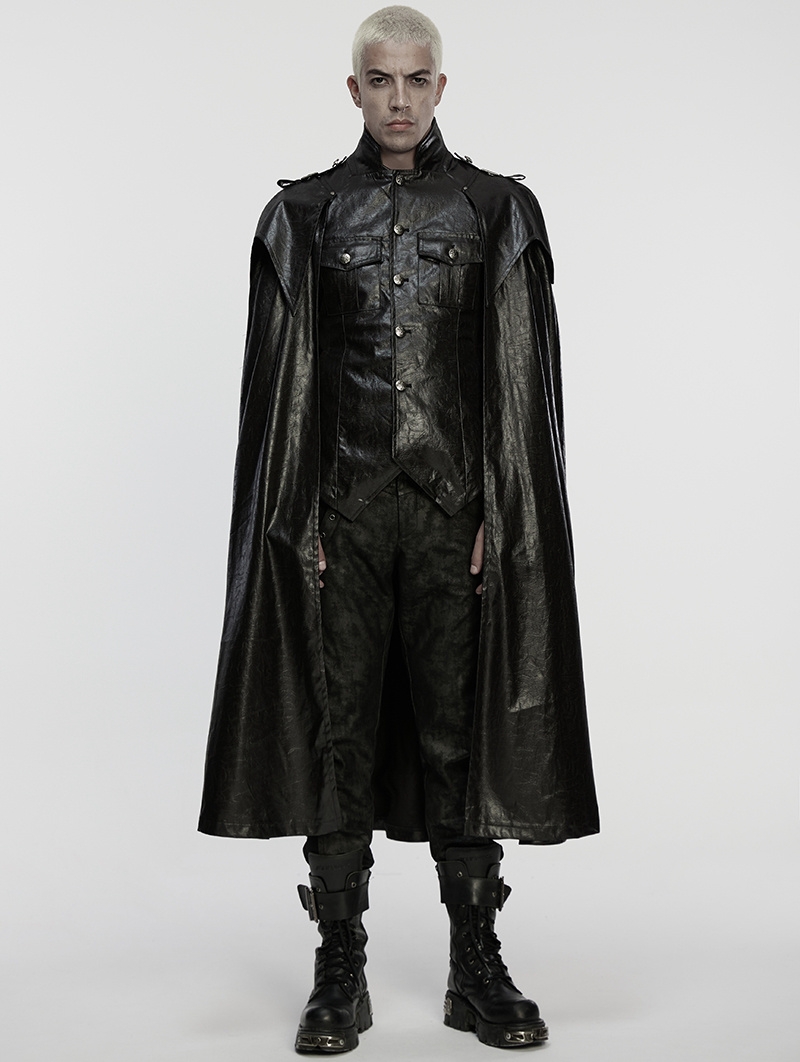 Black Gothic Punk One-Piece Military Shirt Cloak for Men