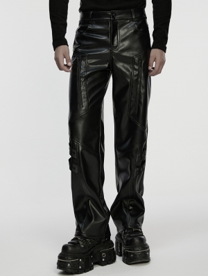 Black Gothic Cyberpunk Straight Leather Pants for Men