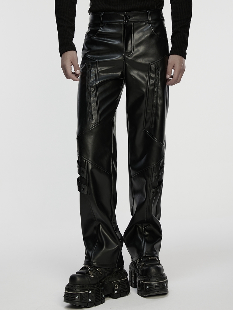 Black Gothic Cyberpunk Straight Leather Pants for Men