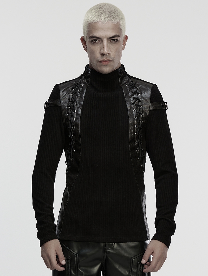 Black Gothic Punk Eyelet Drawstring Handsome T-Shirt for Men