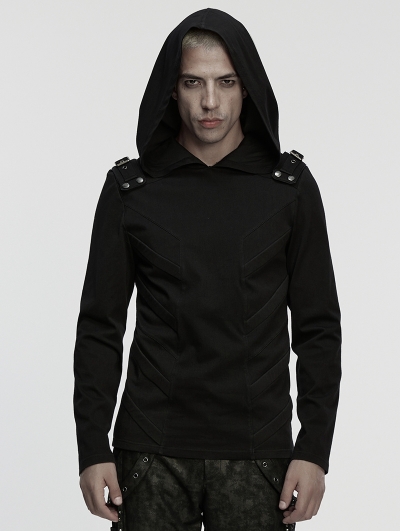 Black Gothic Cyberpunk Hooded T-Shirt for Men