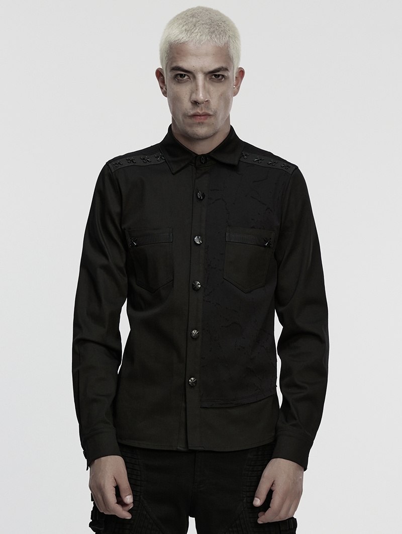 Black Gothic Cyberpunk Studded Shirt for Men