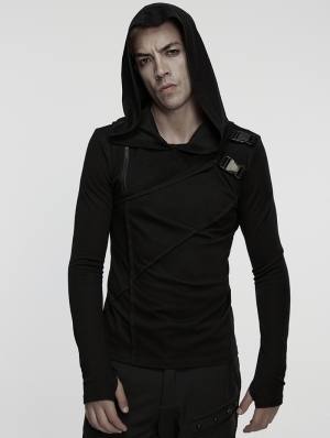 Black Gothic Cyberpunk Asymmetric Hooded T-Shirt for Men