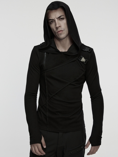 Black Gothic Cyberpunk Asymmetric Hooded T-Shirt for Men