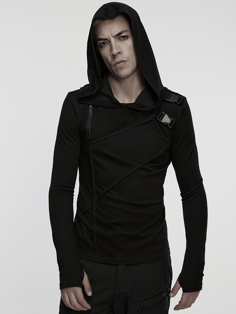 Black Gothic Cyberpunk Asymmetric Hooded T-Shirt for Men
