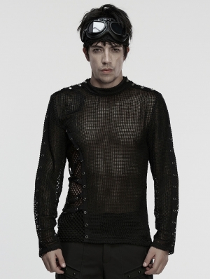 Black Gothic Punk Asymmetric Splicing Mesh T-Shirt for Men