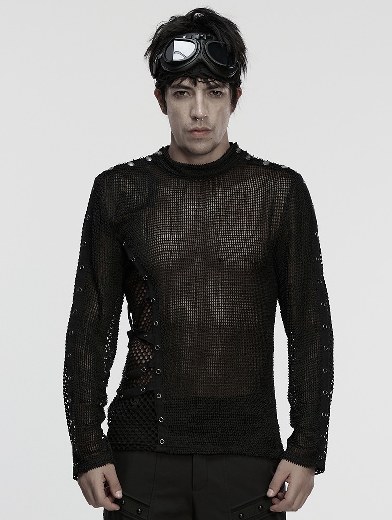 Black Gothic Punk Asymmetric Splicing Mesh T-Shirt for Men